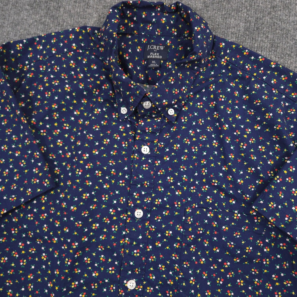 J Crew Flex Washed Shirt Mens XL Navy Floral AOP Stretch Short Sleeve Preppy